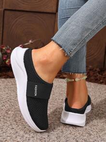 2025新款女士透气拖鞋，休闲运动鞋，纯色系带低帮运动鞋，织物鞋面和橡胶鞋底，平头设计，适合户外休闲，适合所有季节 - 黑色 - 查看 6