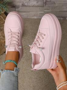 春秋时尚粉色厚底休闲圆头一脚蹬运动鞋，学院风