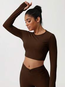 Sodalemon Women Twist Beauty Back Long Sleeve Thumb Hole Crop Sport Shirt - 咖啡棕 - 查看 7