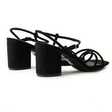 Women Strappy Square Toe Chunky Block Mid Heel Sandals – Cute Elegant Buckle Strap Heels For Spring/Summer Weddings, Bridesmaid, Date Night, Party, Prom & Business Casual Wear [Size Up Half Size] - 黑色純素絨面革 - 查看 4