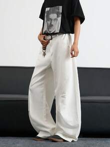 1 Stück japanische minimalistische Patchwork-Nieten-Waschung Herren Loose Fit Weite Bein Lässig Jeans Hose (ohne Gürtel & Zubehör)