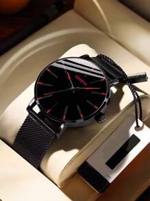 Montre à quartz de mode pour homme avec décoration bleue et rouge, bracelet en maille d'acier inoxydable, cadeau stylé