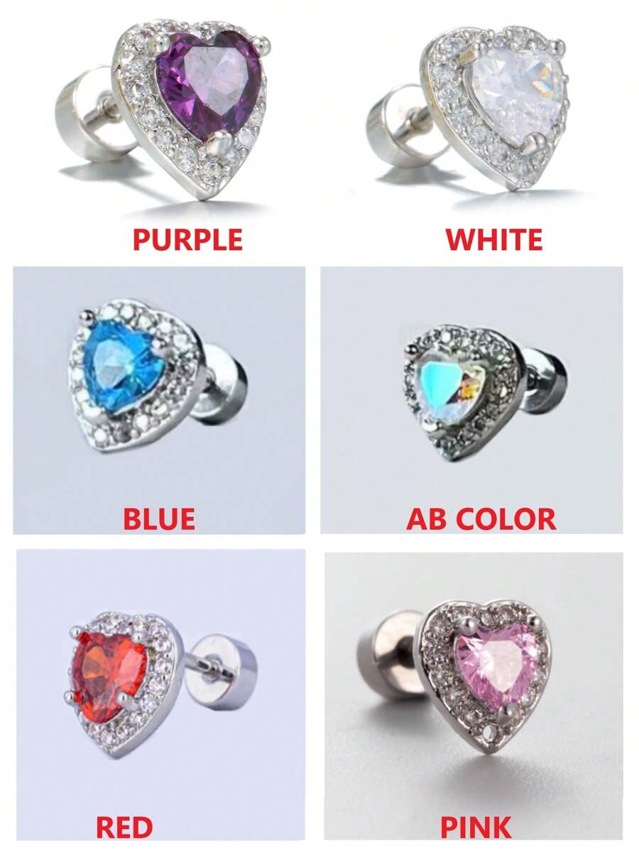 1 Stück medizinische Hypoallergene Ohrstecker mit 5 farbigen Strass-Herzen aus 316L Titan-Stahl, schweres Design mit weißem Herz, nicht verblassend, 20G 0,8mm dünner Schaft, unisex Paar Piercingschmuck