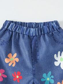 Calça Denim Efeito Denim de Conforto com Estampa de Margarida para Meninas, Comprimento Tornozelo, Verão