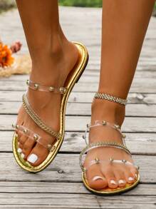 Women's Flat Sandals, Summer Chain Toe-Ring Casual Vacation Elegant Comfy Fashion Roman Beach Slippers