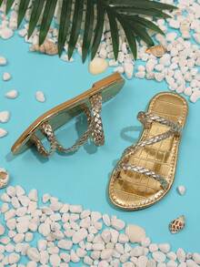 1 par de sandalias planas tejidas y ligeras para niñas, adecuadas para niños de 3 a 15 años para usar en casa o en la playa - Dorado - Ver 7