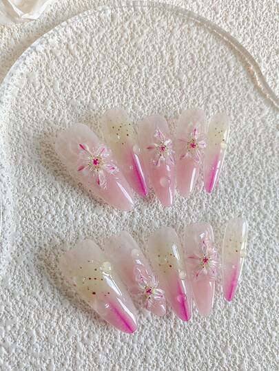10片手工制作的杏仁形美甲贴片，DIY手工雕刻百合冰花3D美甲贴片，半透明粉色可重复使用假指甲，适合婚礼、派对、节日等场合，可爱清新自然简约风格美甲套装，女士礼物