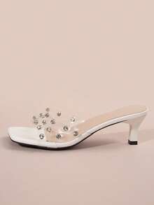 优雅方头纯色 PU 皮革女式礼服凉鞋，带水钻装饰，时尚商务休闲舒适高跟鞋，适合婚礼、派对、办公室、夏季