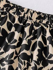 2pcs/Set Girls Black Round Neck Knit Long Sleeve Top + Ditsy Floral Skirt Outfit, Spring/Autumn, Girls Long Sleeve Casual Set, Solid Color Fashion Soft Comfortable Clothing, Young Lady Top And Mini Skirt Two Pieces Suit, Suitable For Outdoor, Daily, Leisure Wear - 黑色 - 查看 5