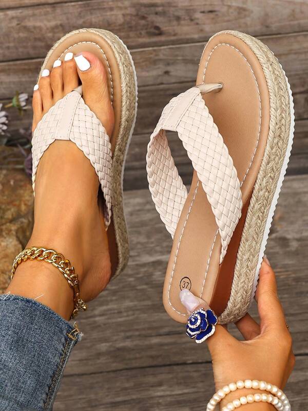 Women's Sandals, New 2025 Model Summer Wedge Heel Thick Woven Platform Flip Flops, Vacation Travel Beach Beige Slippers