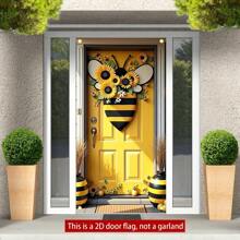 [Bee Theme Banner] Bee Theme 2D Door Banner 1 Piece 2D Fabric Door Cover Flag With Bee Details And Sunflower Design, Suitable For Spring, Camera Background And Indoor/Outdoor Event Party Decor