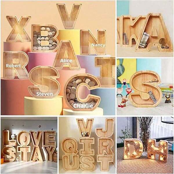 Wooden Letter Piggy Bank, Transparent Coin Money Saving Box, Holiday Gift