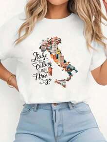 Italy Is Calling And I Must Go - Italy Vacation Travel T-Shirt Print T-Shirt Casual Crew Neck Short Sleeve Comfort Tee Top For Spring & Summer Women's Clothing - trắng - Xem 1