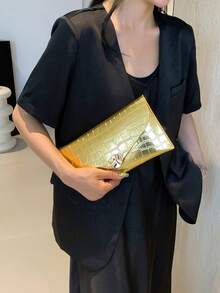 2026 时尚多彩极简信封手拿包，鳄鱼纹亮片夜店风信封包，女士款 - 金色 - 查看 4
