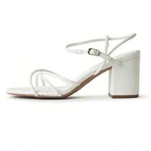 Women Strappy Square Toe Chunky Block Mid Heel Sandals – Cute Elegant Buckle Strap Heels For Spring/Summer Weddings, Bridesmaid, Date Night, Party, Prom & Business Casual Wear [Size Up Half Size] - 白色素食皮革 - 查看 2