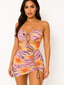 Vestido Corto con Estampado Psicodélico y Detalles Cut-Out – Luce Sexy y Moderna - Rosa/Amarillo/Naranja/Azul - Ver 1