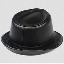 Chapéu fedora aba curta couro sintético PU moda roqueira blogueira casual - Preto - Visão 4