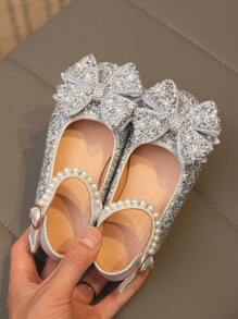 1 Pair Plus Size 2025 New Fashion Versatile Pink Girl Pearl & Rhinestone Bow Decor Cute Flat Shoes, Round Toe, Suitable For Daily Wear, Dancing, Outdoor In Spring & Autumn, Glitter Decoration Closed Toe Princess Ballet Flats, Run Small By Half Size