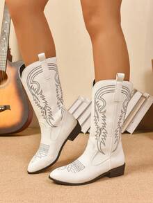 1双女士优雅时尚白色刺绣西部靴，高跟刺绣西部靴，时尚刺绣牛仔靴，秋冬季中筒平底靴，适合派对等场合 - 白色 - 查看 3