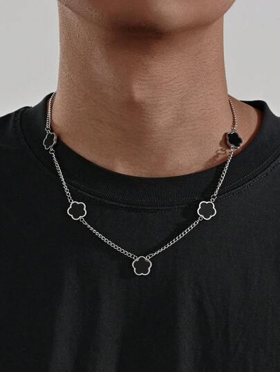 1pc Stainless Steel Men's Fashionable Five Leaf Clover Necklace For Daily Decoration