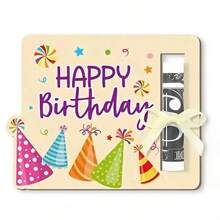 4 paquets de cartes de vœux d'anniversaire thème anime, porte-monnaie en bois fabriqué pour cadeau d'argent, rangement unique pour l'argent pour tous les bénéficiaires, porte-carte d'argent en bois découpé au laser, cadeaux d'anniversaire amusants et décoration pour la maison
