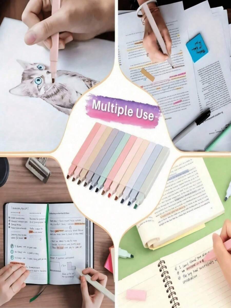 12 PIEZAS de resaltadores cuadrados, resaltadores exquisitamente grabados, impermeables y resistentes a la decoloración, adecuados para diarios, toma de notas y organización de estudios, diseño de plástico duradero, aplicación suave, ideal para la escuela, la oficina y el uso del diario - Útiles escolares y de oficina, entrega al azar de útiles escolares, de vuelta a la escuela