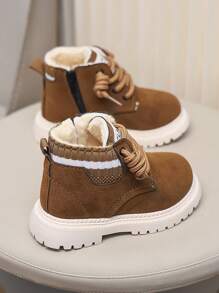 A Pair Of Children's Snow Boots For Autumn And Winter, New Lace Up Zipper Design, Thick And Warm, Lightweight And Fashionable Outdoor Snow Boots - Khaki - View 2