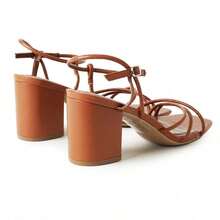 Women Strappy Square Toe Chunky Block Mid Heel Sandals – Cute Elegant Buckle Strap Heels For Spring/Summer Weddings, Bridesmaid, Date Night, Party, Prom & Business Casual Wear [Size Up Half Size] - 棕褐色人造皮革 - 查看 4
