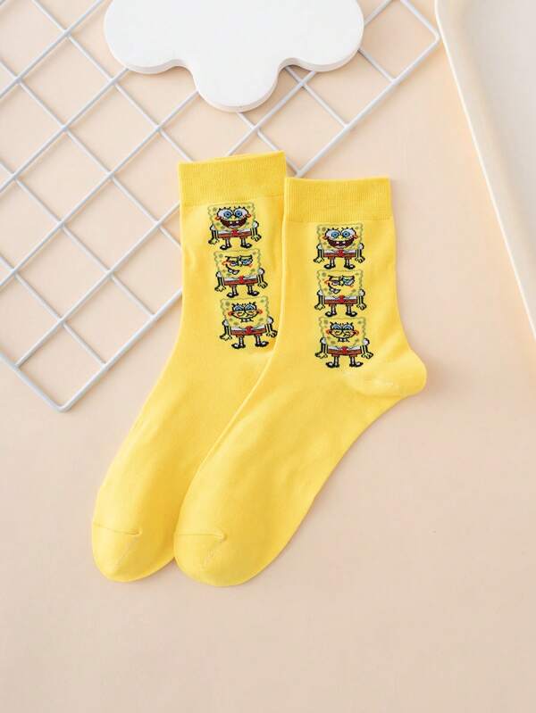 SPONGEBOB 1 Pair Unisex Funny Personalized Cartoon Cute Multicolor Jacquard Spongebob Expression Pattern Yellow Mid-Calf Socks, Sports Style, All Season, European & American Sizes, Comfortable Breathable Durable, Rich Colors, Suitable For Daily Wear, Premium Fabric, Non-Stuffy