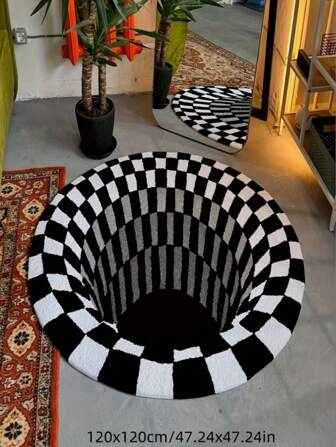 1pc Black & White Checkerboard 3D Illusion Round Mat, Soft & Comfortable Polyester Area Rug With Black & White Swirl Design - Suitable For Living Room, Bedroom, Bathroom And Entryway Decor