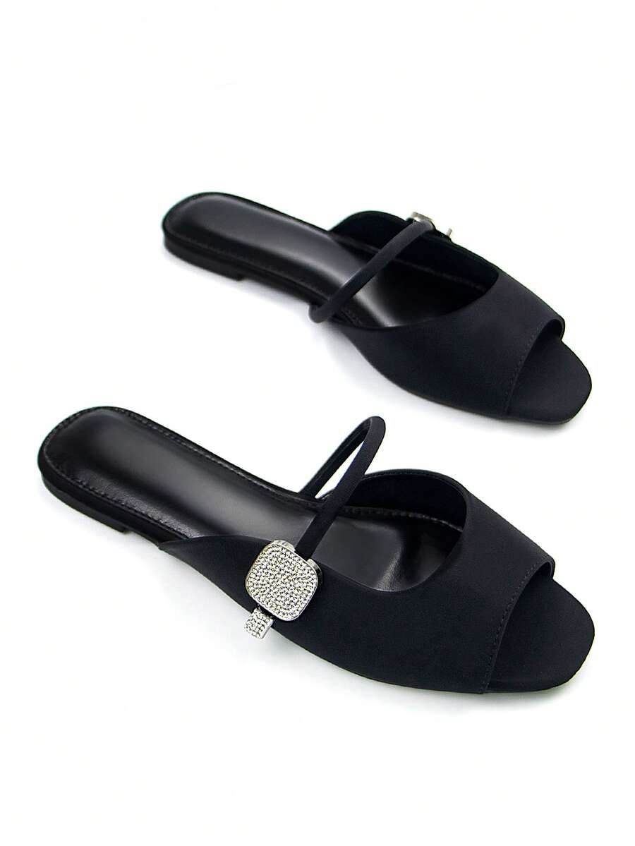 女士优雅银色水晶装饰踝带露趾平底穆勒凉鞋，黑色荔枝纹面料，舒适百搭，适合日常穿着和派对，春夏装扮 - 黑色 - 查看 1