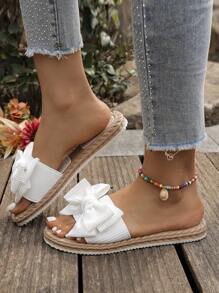 Sandales plates pour femmes, chaussures d'été confortables, sandales de plage antidérapantes pour dames, décorées d'un nœud, tissu décontracté, bride ronde. Sandales plates de printemps/été, sandales plates de printemps/automne pour dames