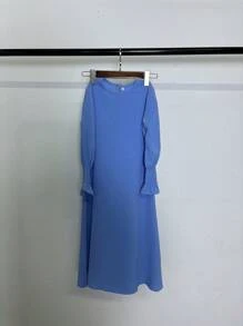 1pc Girls Casual Dress, Pink Round Neck Ruffled Hem Solid Color, Elastic & Comfortable, Daily Wear, Long Arabian Style Abaya