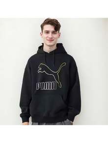 Puma Men's Knitted Loose Long-Sleeved Cotton Hooded Collar Sports Pullover With Gold Label Large LOGO - Black - View 2