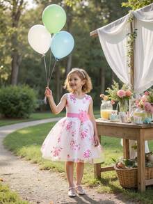 女童无袖圆领印花网纱连衣裙，优雅，不含头饰