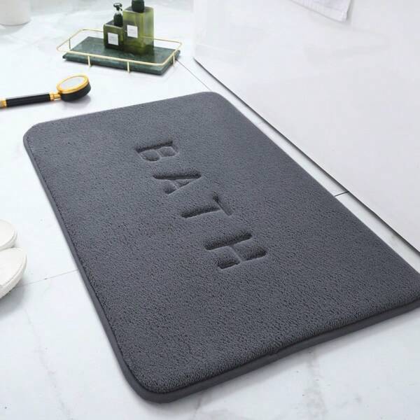 1 Stück dicke Korallen-Samt Badeabstreifer mit "BATH" Stickerei - rutschfest, weicher Boden-/Duschvorleger aus Polyester mit PVC-Rückseite, leicht, rechteckig, Badezimmerteppich