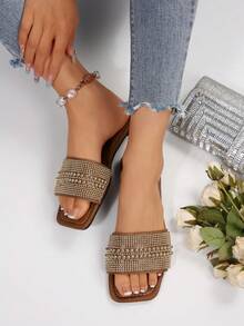 全新加大码奢华防滑方头珍珠时尚百搭沙滩度假女式穆勒凉鞋