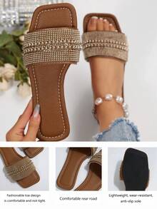 全新加大码奢华防滑方头珍珠时尚百搭沙滩度假女式穆勒凉鞋