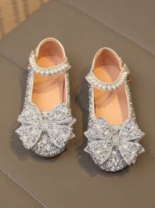 1 Pair Plus Size 2025 New Fashion Versatile Pink Girl Pearl & Rhinestone Bow Decor Cute Flat Shoes, Round Toe, Suitable For Daily Wear, Dancing, Outdoor In Spring & Autumn, Glitter Decoration Closed Toe Princess Ballet Flats, Run Small By Half Size