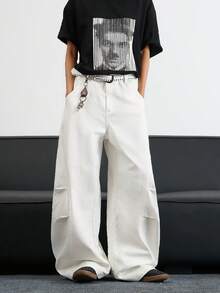 1 Stück japanische minimalistische Patchwork-Nieten-Waschung Herren Loose Fit Weite Bein Lässig Jeans Hose (ohne Gürtel & Zubehör)