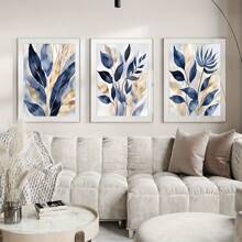 3pcs Frameless Canvas Blue Botanical Prints, Abstract Printed Wall Art, Modern Living Room Wall Decor, Blue Leaves Bedroom Posters, Hallway Prints, Modern Art Decoration,Home Decor Living Room,Wall Decor,Decoration Maison