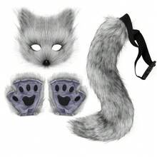 Fluffy Fur Fox Tail Cat Paws Gloves And Face Mask Cosplay Costume Wolf Therian Mask Set Halloween Party Accessories - 一組灰色 - 查看 9