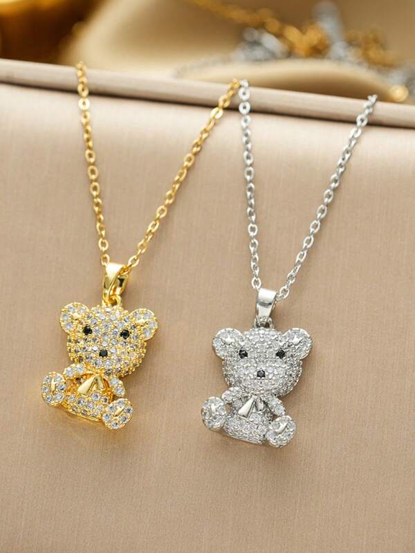 1pc Sweet Cute Iced Out Cubic Zirconia Bear Pendant Stainless Steel Necklace For Teen Girls Fashion Winter Holiday Party Christmas Decor Jewelry For Daily Life