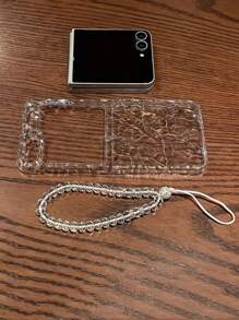 Llavero, Cordón para el cuello Funda de teléfono transparente con efecto de ondas de agua estilo coreano compatible con Samsung Galaxy Z Flip 5, Z Flip6, ZFlip 4, ZFlip 3 5G, Pulsera de cuentas, Cubierta trasera resistente a golpes
