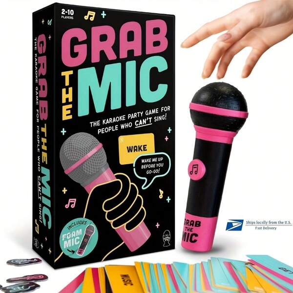 Grab The Mic Game, Family Karaoke Game, 2-10 Players - Board Game For Bad Singers With 250 Lyrics (125 Cards) For Hilarious Game Nights & Birthday Party - Makes A Great Gift For Music Lovers, Karaoke Or Singing - Adult Great For Date Nights