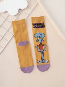 SPONGEBOB 1 Pair Unisex Funny Personalized Cartoon Cute Colorful Jacquard Octopus Pattern Straight Mid-Calf Socks, Sports Style, All Season, European & American Size, Comfortable Breathable Durable, Rich Colors, Suitable For Daily Wear, Premium Fabric, Non-Sweating