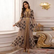 Abaya Fashion Dress Middle East Arab Dubai Robe Mesh Embroidery Set Women's Robe