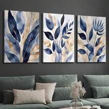 3pcs Frameless Canvas Blue Botanical Prints, Abstract Printed Wall Art, Modern Living Room Wall Decor, Blue Leaves Bedroom Posters, Hallway Prints, Modern Art Decoration,Home Decor Living Room,Wall Decor,Decoration Maison