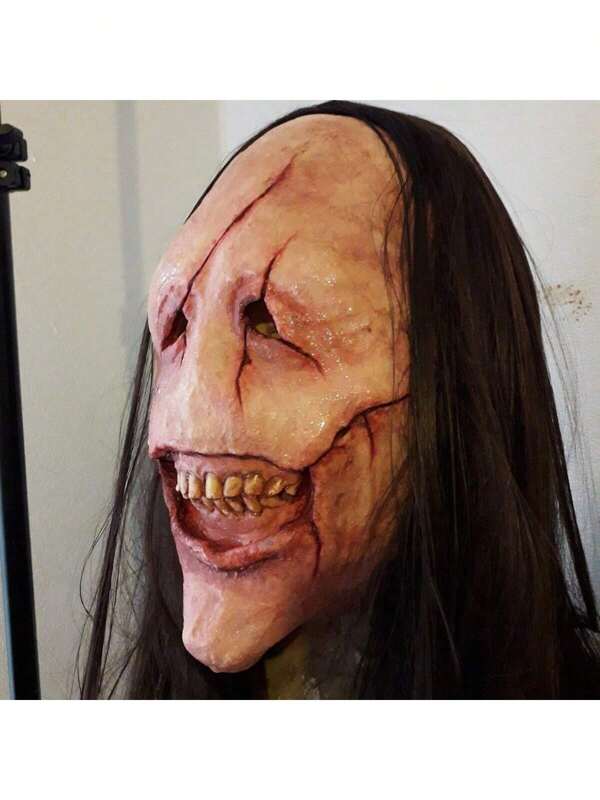 Halloween Horror Long Haired Demon Mask, Creepy Smile, Red Scar Face Demon Mask, Red Face Open Mouth Latex Headpiece Wig Mask Halloween Costume Party Props,Color Random