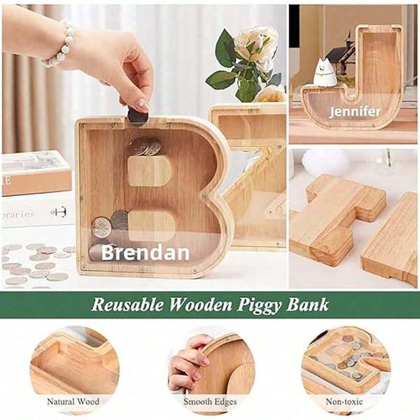 Wooden Letter Piggy Bank, Transparent Coin Money Saving Box, Holiday Gift